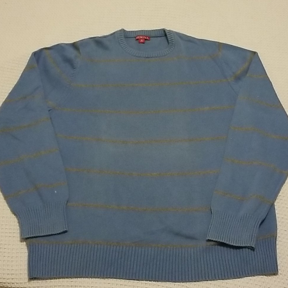 Merona Men's Medium Blue & Grey Striped Sweater Long Sleeve Shirt Crew neck EUC